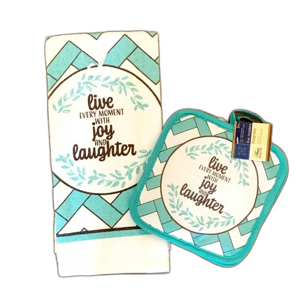 Live With Joy & Laughter NEW Kitchen Set Blue White Oven Mitt Towels Pot Holder